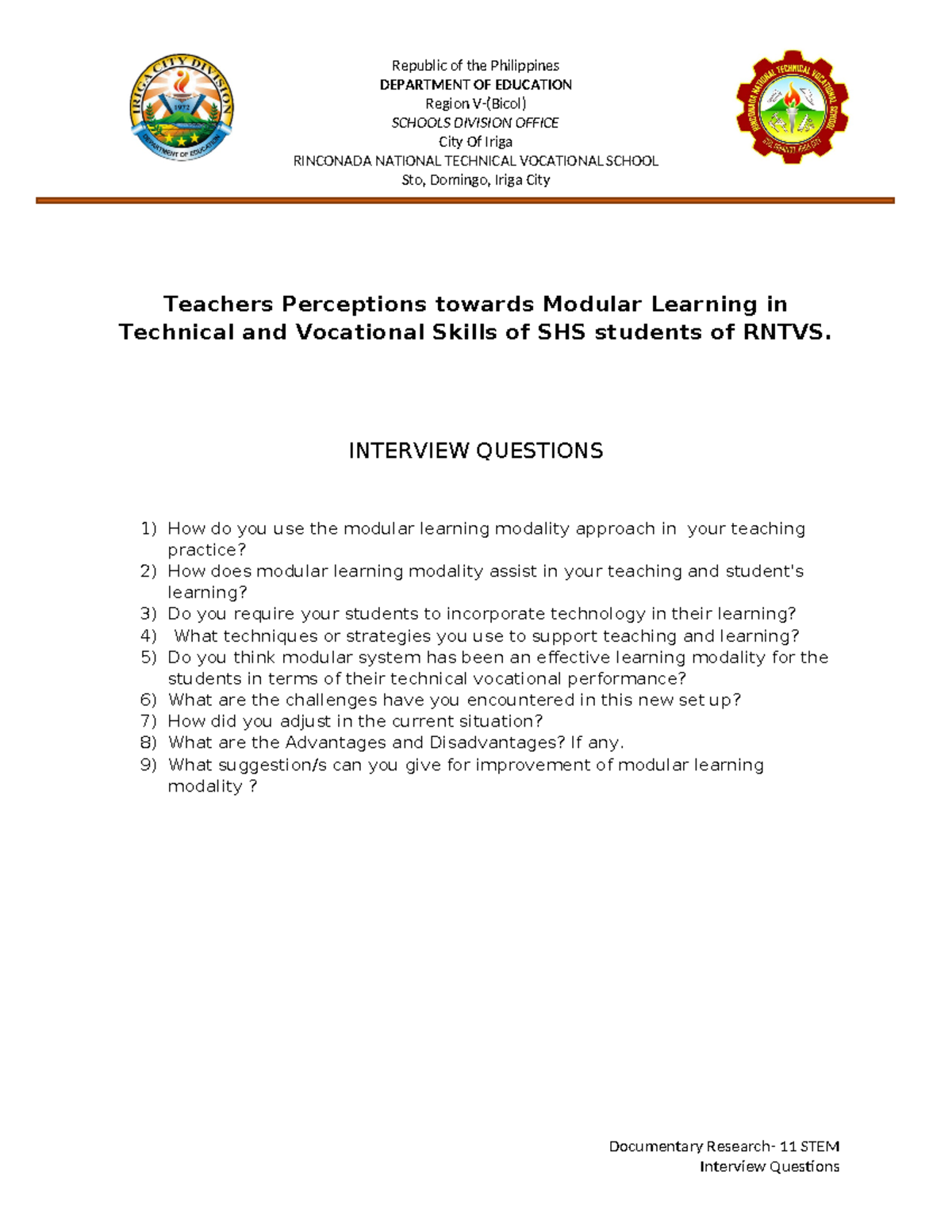 Interview Questions - Republic of the Philippines DEPARTMENT OF ...