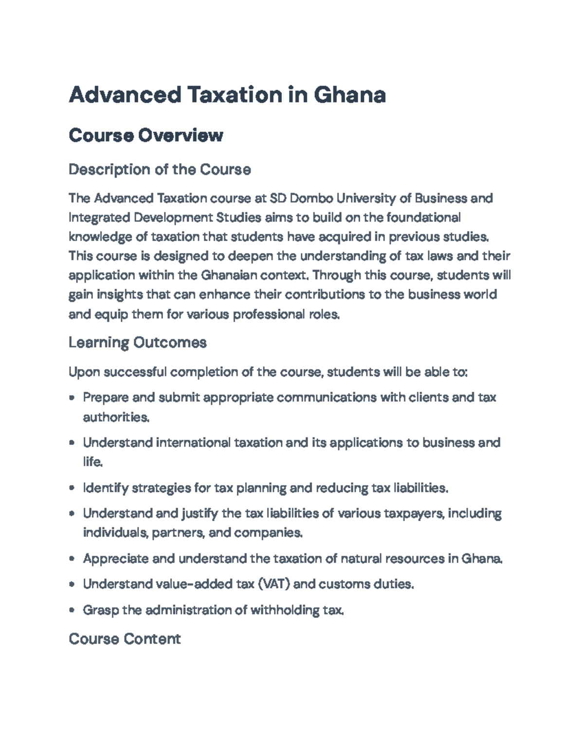 Advanced Taxation Overview - Course Details and Assessments (AT 401 ...