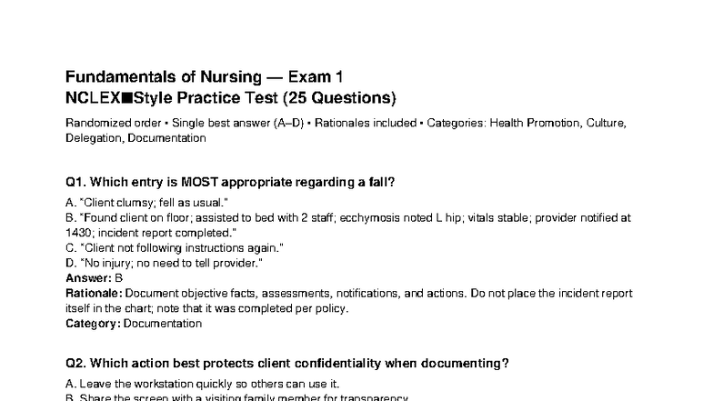 Fundamentals of Nursing Exam 1 NCLEX Practice Test (25 Questions) - Studocu