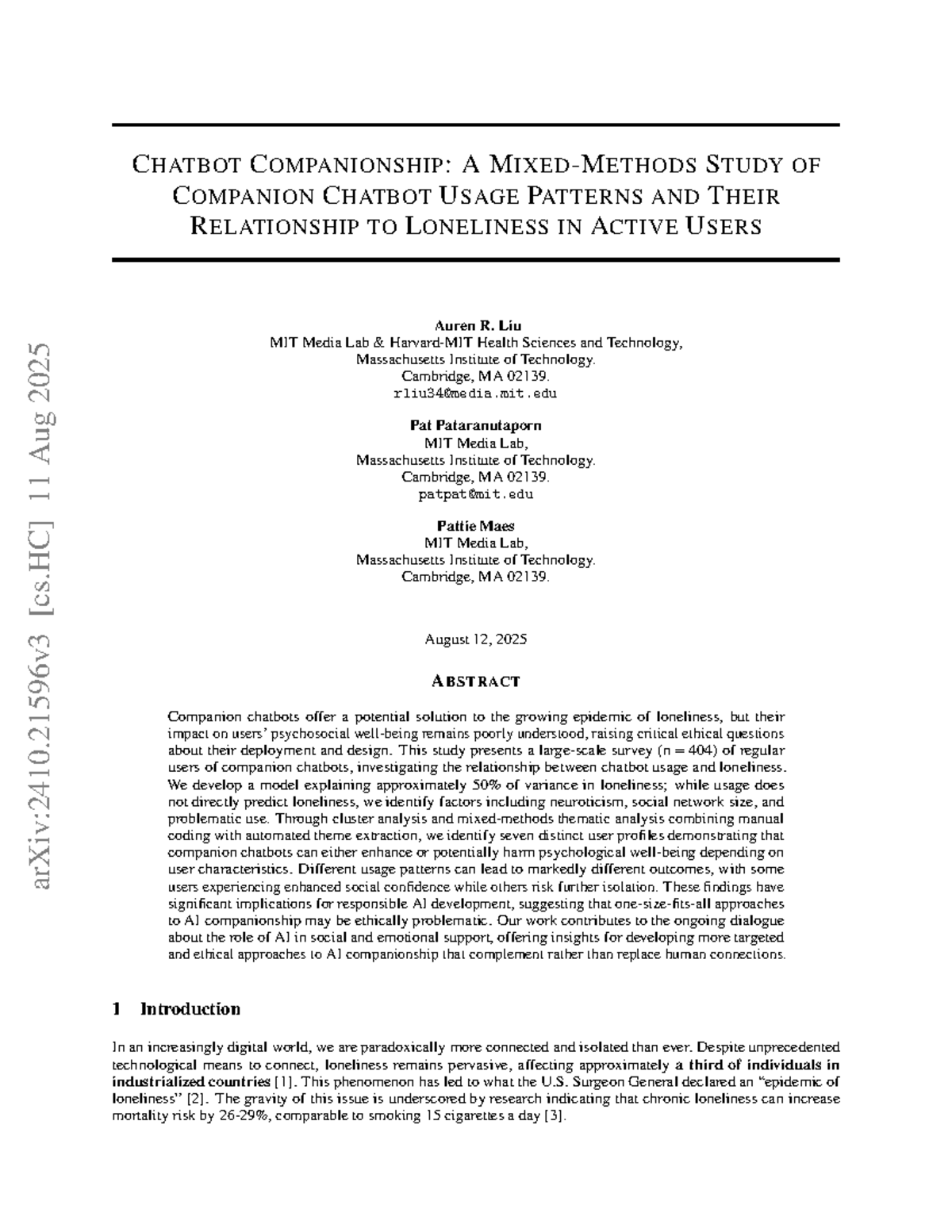 Companion Chatbots and Loneliness: A Mixed Methods Study (C HAT 2410 ...