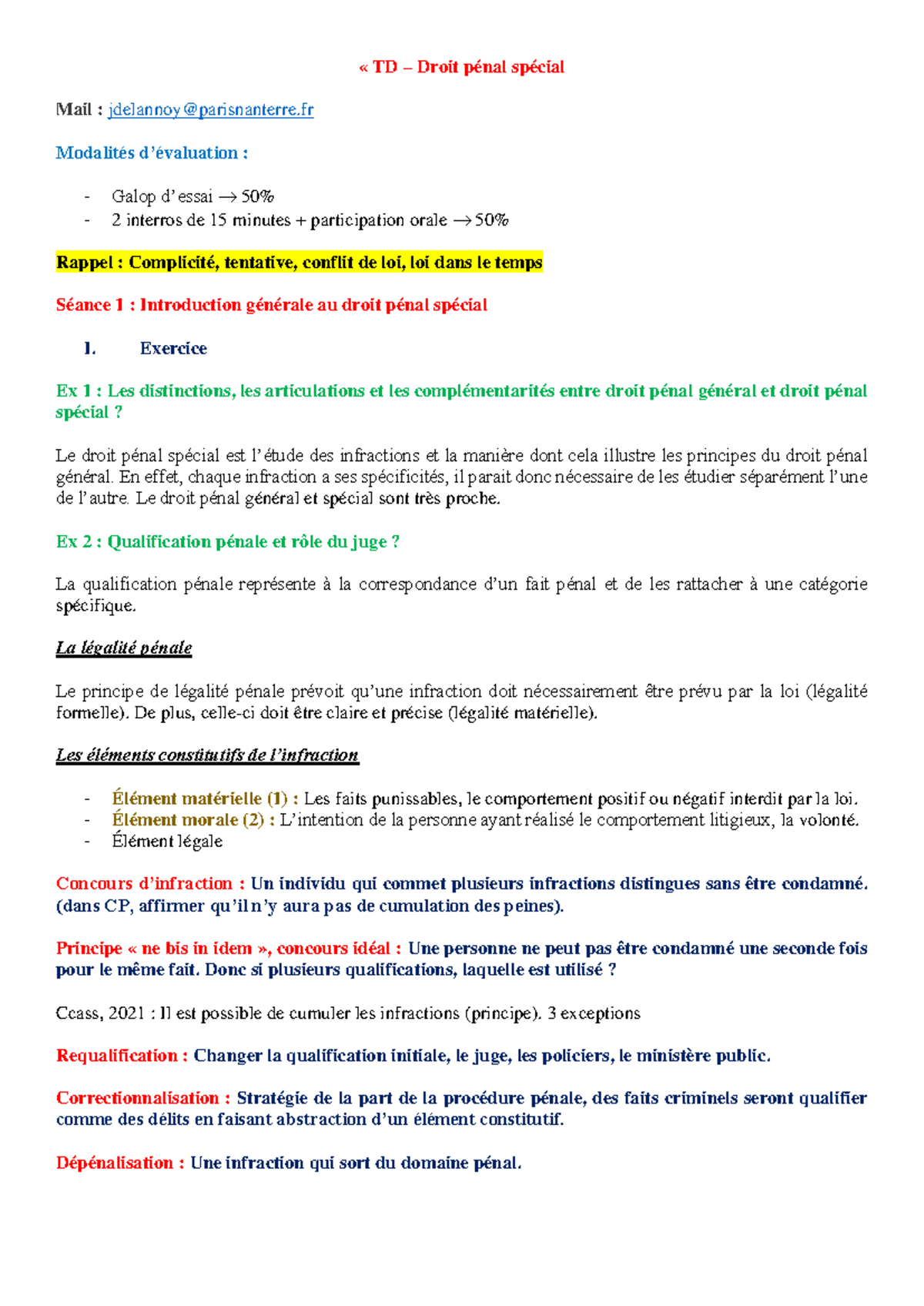 TD - Droit Pénal Spécial : Modalités et Exemples de Cas Pratiques - Studocu