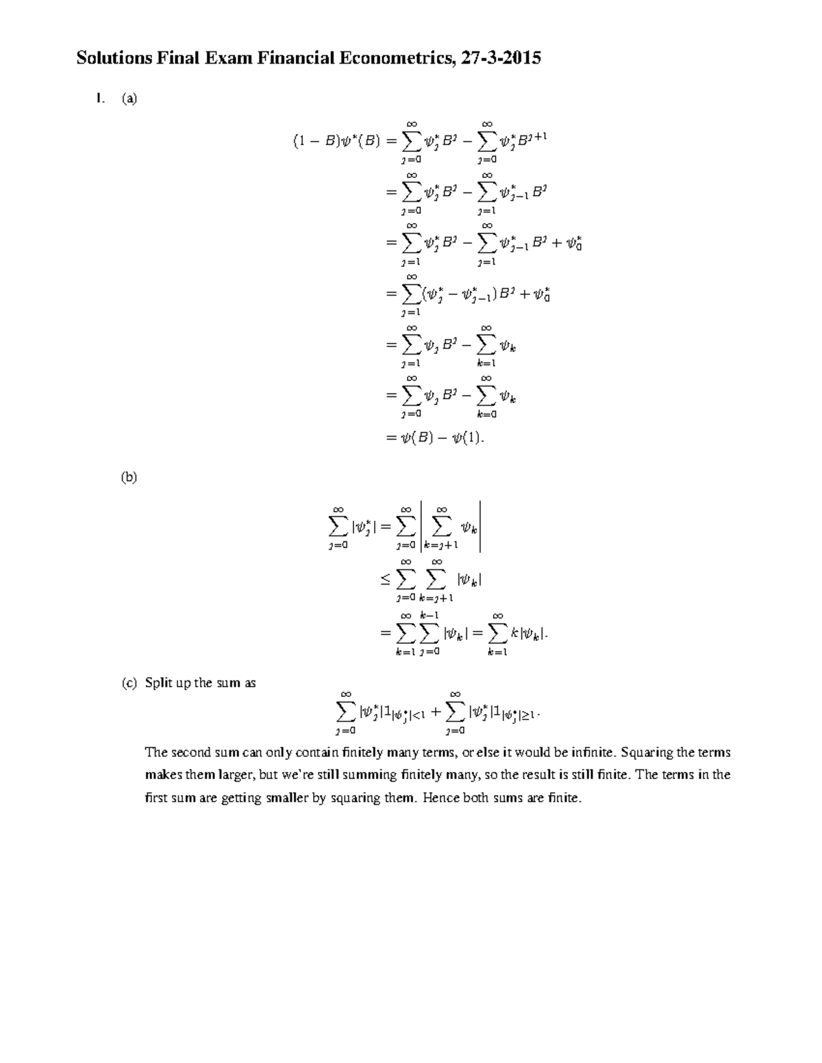 Final Exam Solutions for Financial Econometrics (FINEC 2015) - Studeersnel