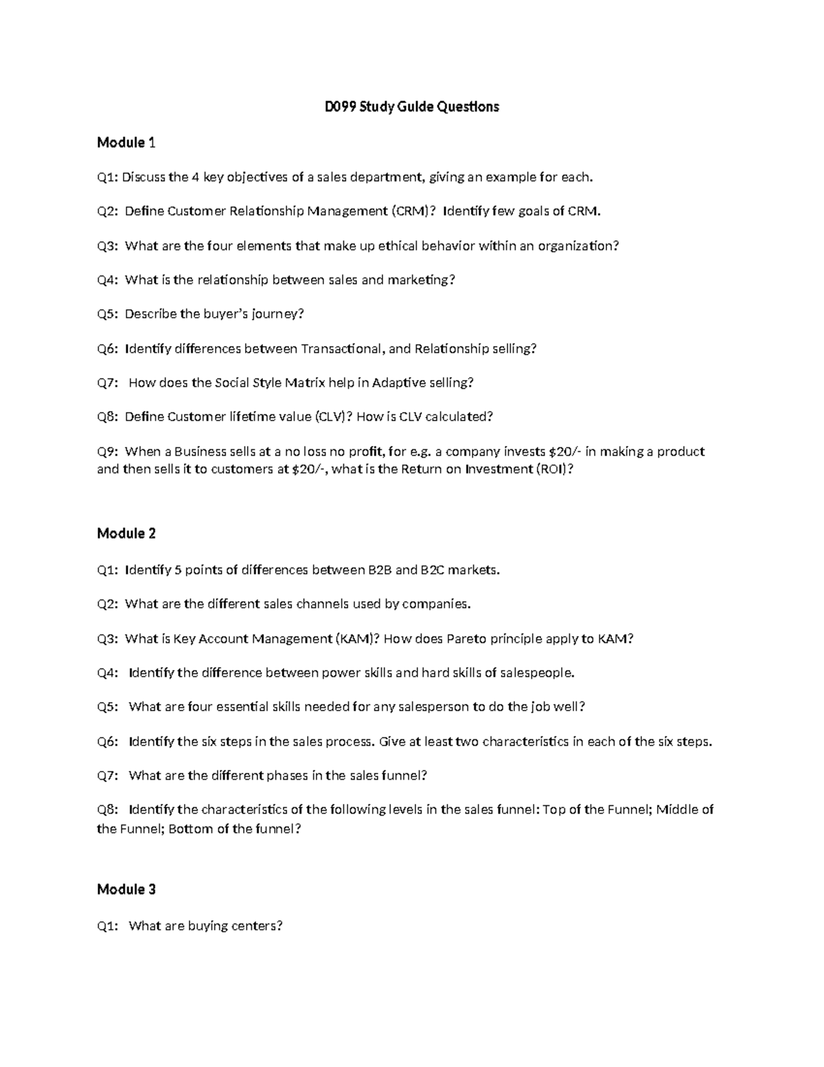 D099 Sales Management Study Guide - D099 Study Guide Questions Module 1 ...
