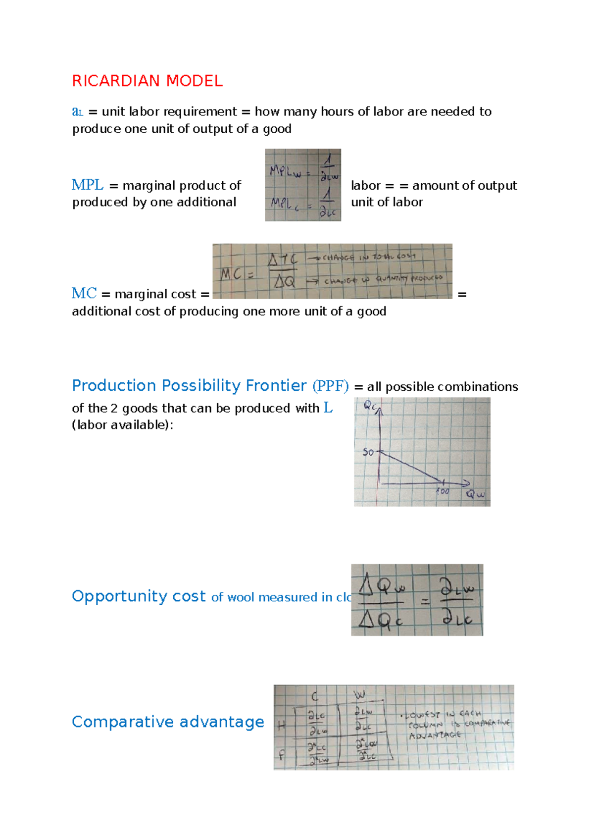 ITI Ricardian Model - Comprehensive Notes on Labor & Production ...
