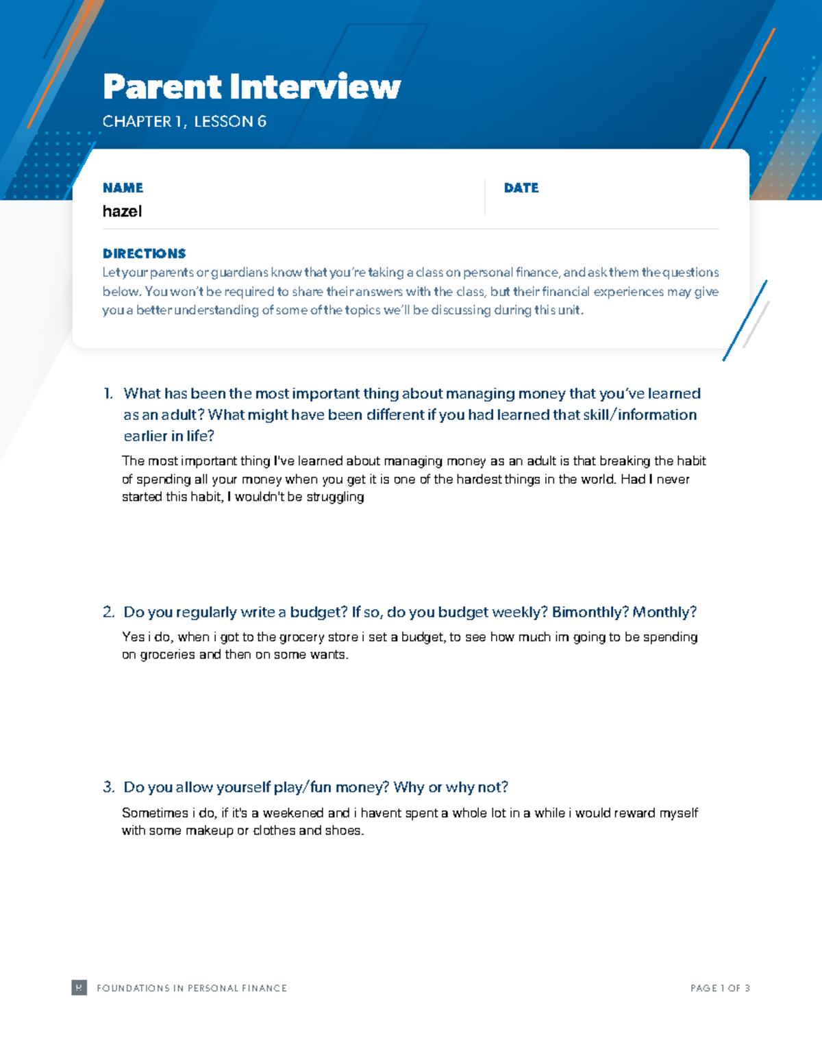 Dave chap 1 lesson 6 - assignment - PAGE 1 O F 3 Parent Interview ...