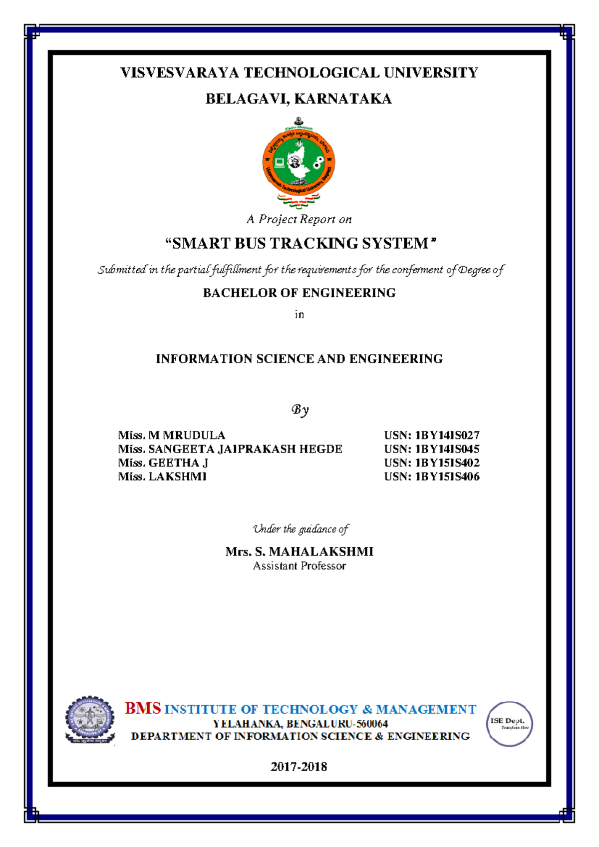 B.E. Project Report on Smart Bus Tracking System (ISE 2017-18) - Studocu