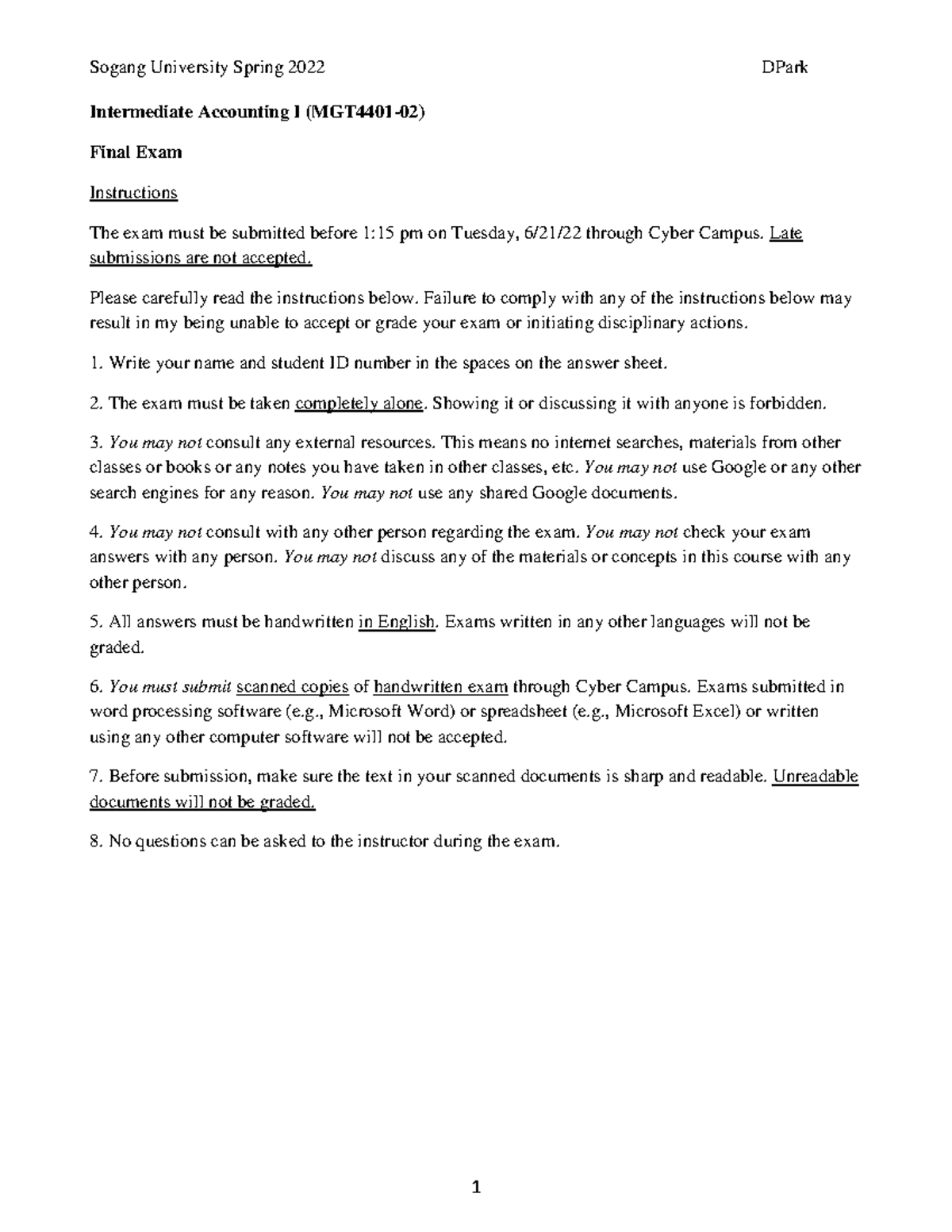 MGT4401-02 Intermediate Accounting I Final Exam Instructions 2022 - Studocu