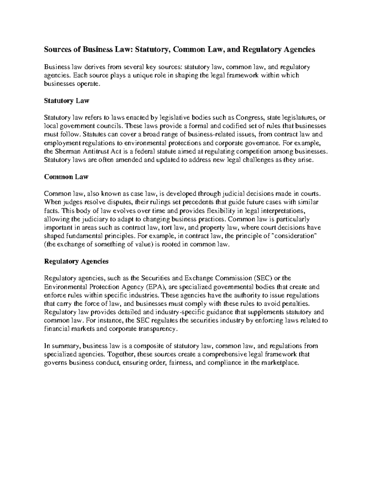 Sources of Business Law: Statutory, Common Law & Regulatory Sources ...