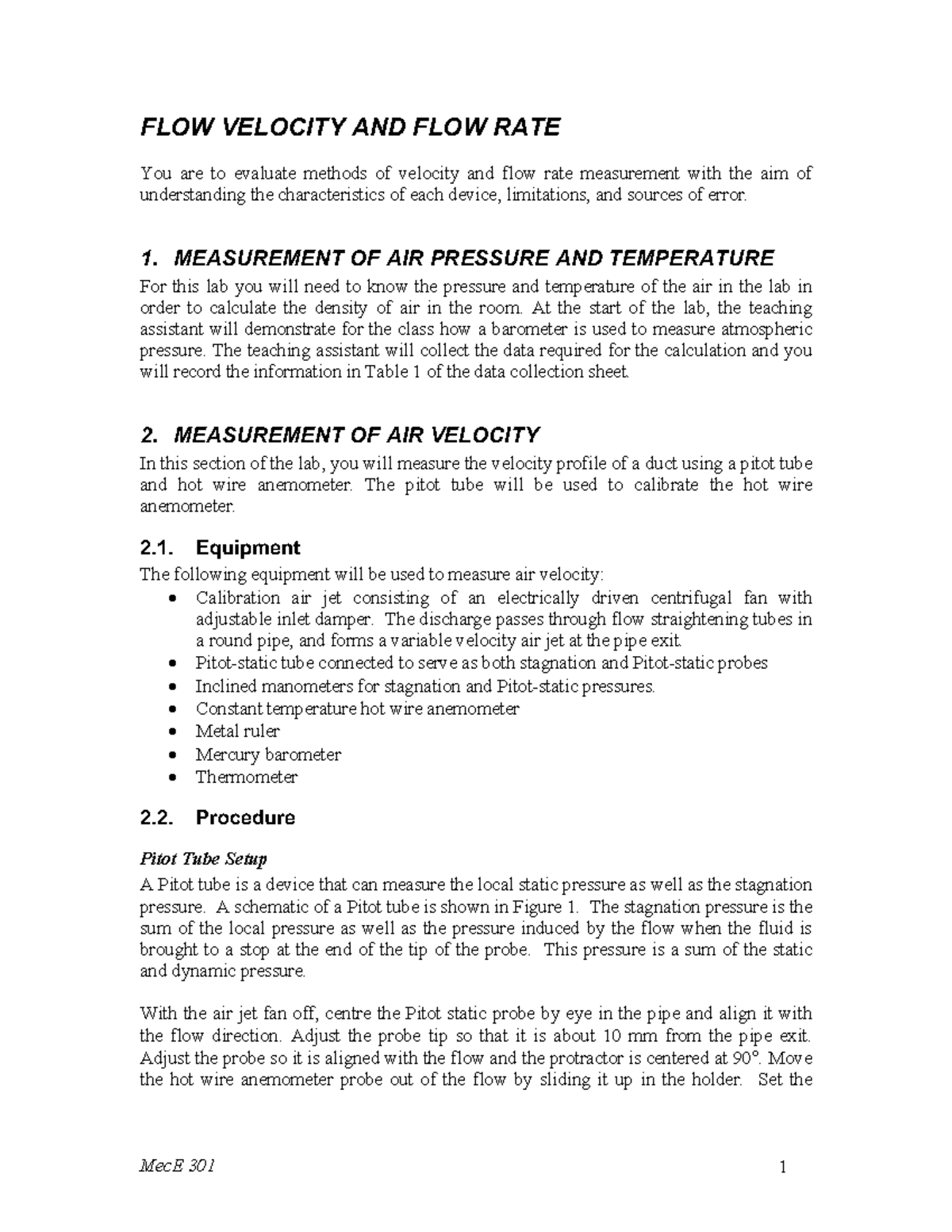 MecE 301 Lab 08: Flow Velocity and Flow Rate Measurement Techniques ...