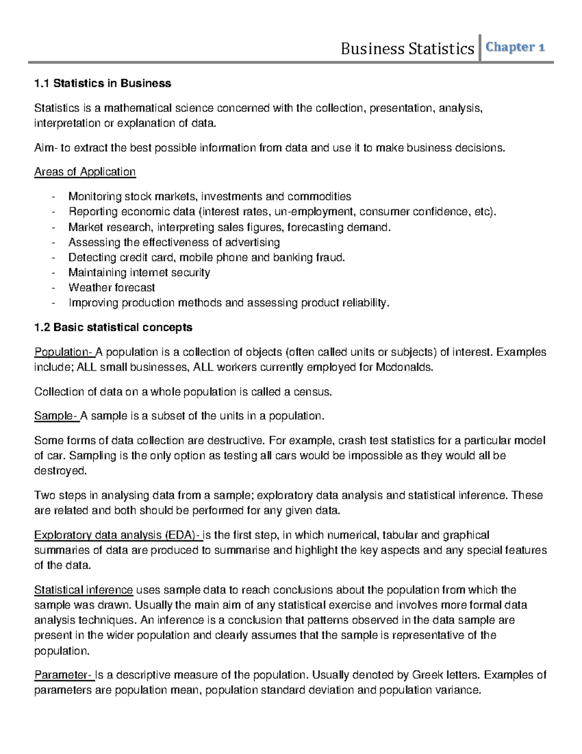 Business stats - Business Statistics Chapter 1 1 Statistics in Business ...