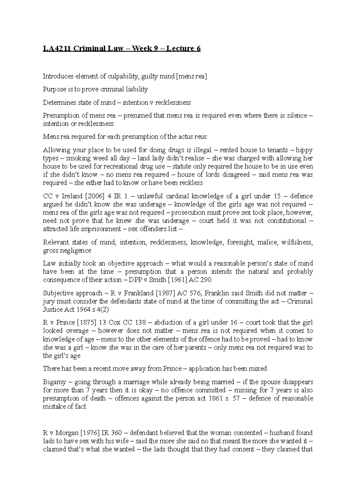 LA4211 Criminal Law - Week 9 & 11 Lecture Notes on Culpability and ...