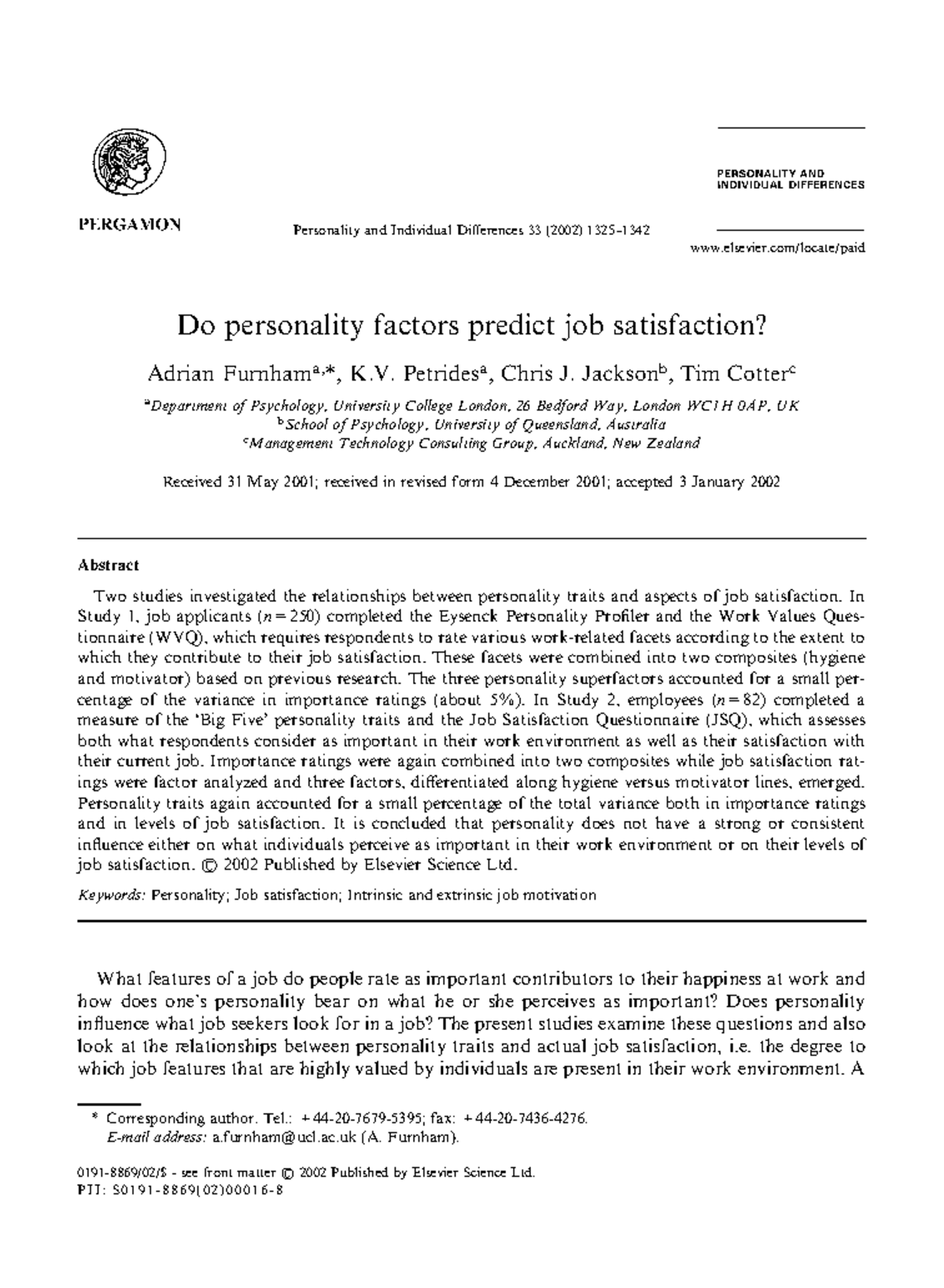 QA2: Personality Traits and Their Impact on Job Satisfaction - Studocu