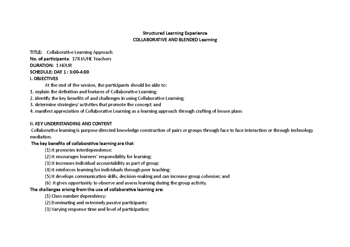 Session Guide on Collaborative Learning: Objectives and Strategies ...
