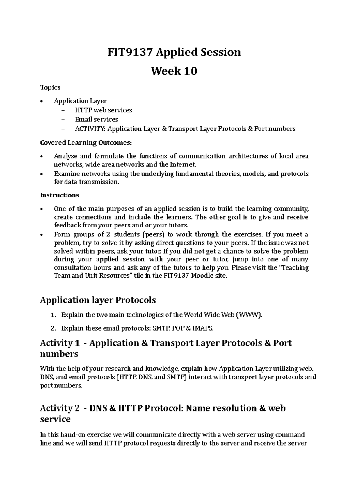 FIT9137 Applied Session Week 10: Application Layer Protocols ...