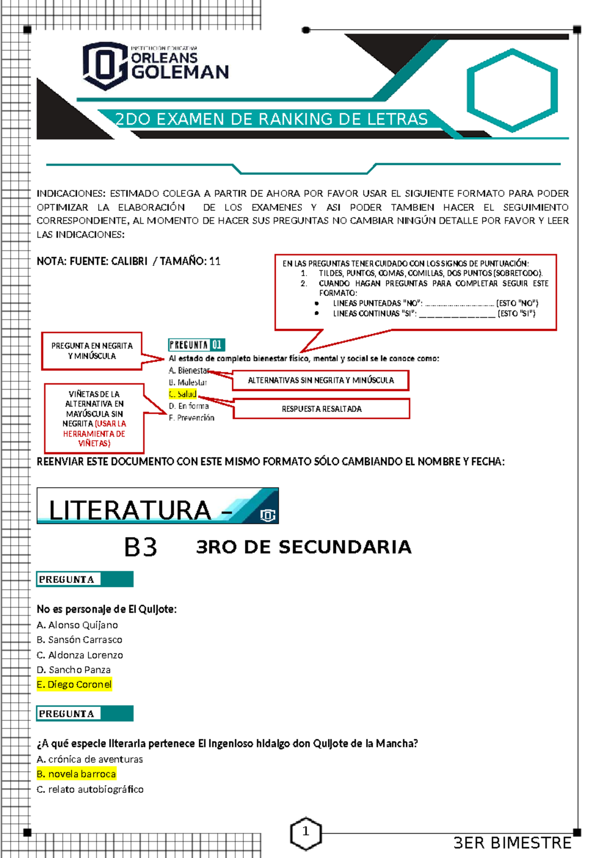 2DO EXAMEN DE RANKING DE LETRAS - LITERATURA 3RO SEC. B3 - Studocu