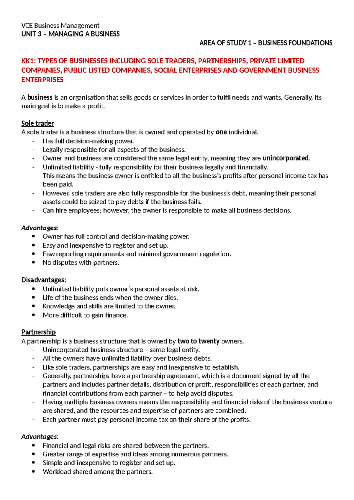 Business Management U3 AOS 1 Notes - VCE Business Management UNIT 3 ...