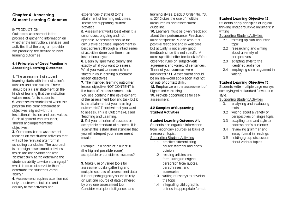 Ai L1 - Chapter 4: Assessing Student Learning Outcomes and Practices ...