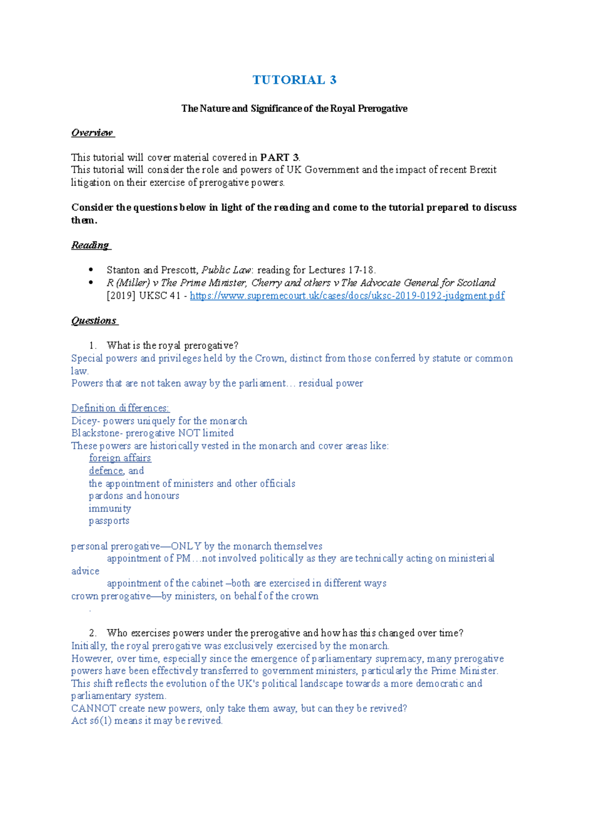 LS1537 Tutorial 3: The Royal Prerogative and Brexit Implications - Studocu