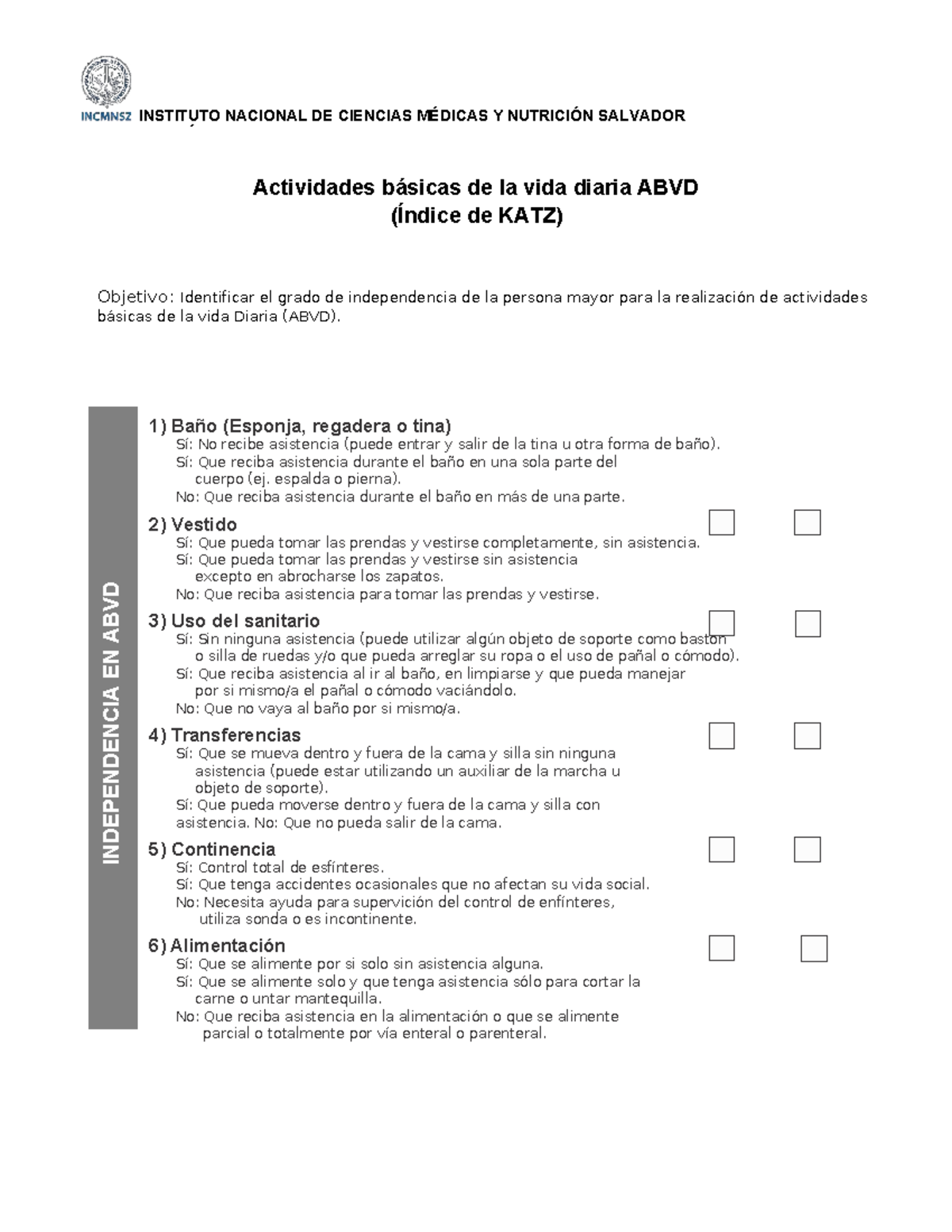 Katz - Actividades Básicas de la Vida Diaria (ABVD) Evaluación - Studocu