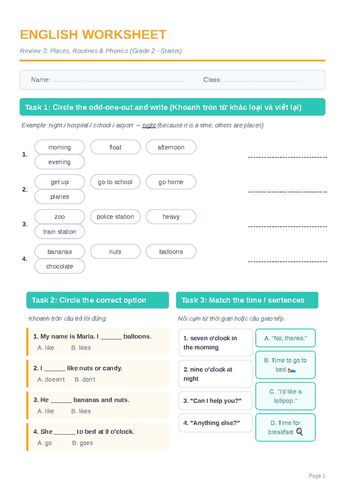 ENGLISH WORKSHEET Review 3: Places & Routines (Grade 2) - Studocu