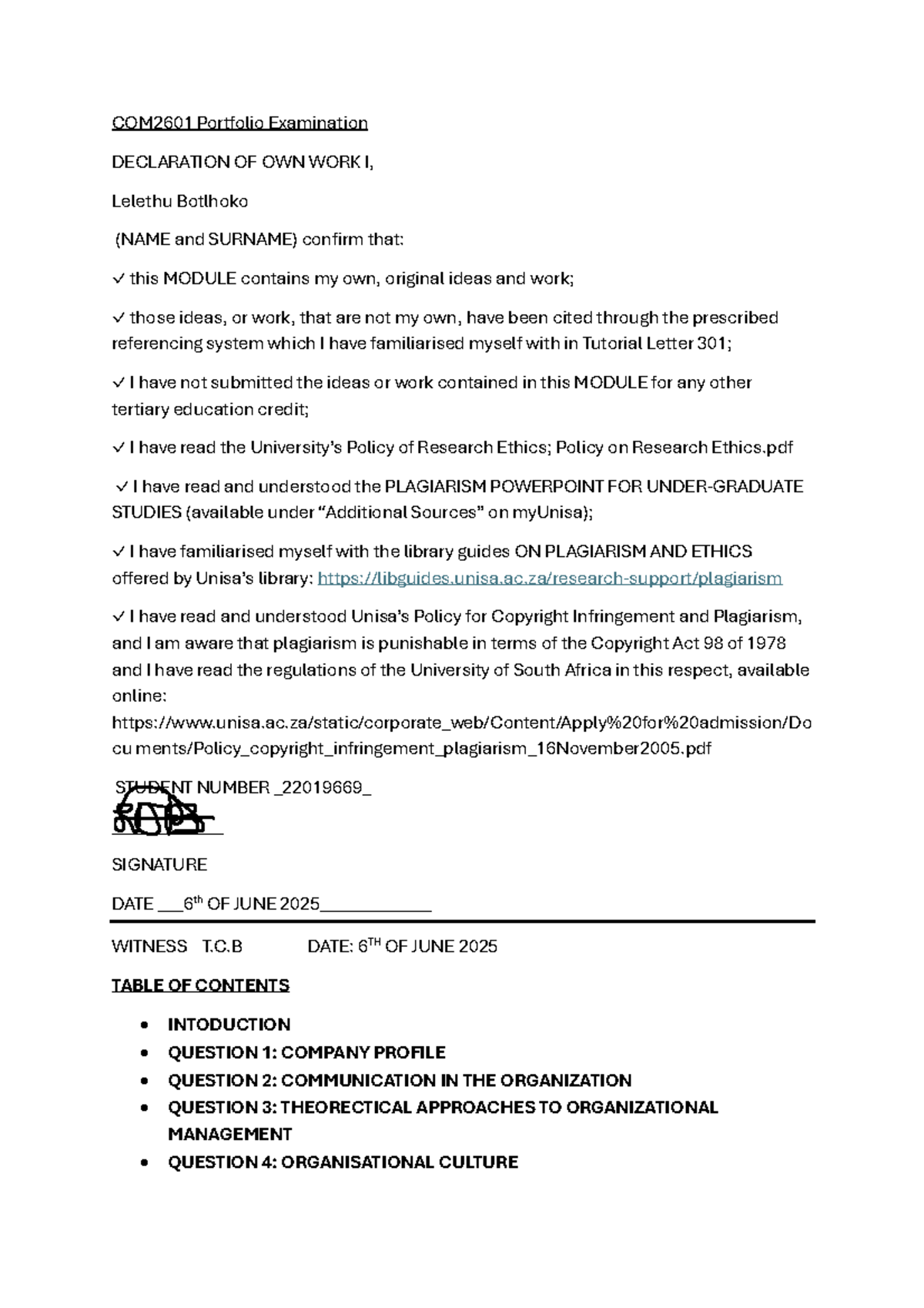 COM2601 Portfolio Examination: Internal Communication Analysis at SPC ...