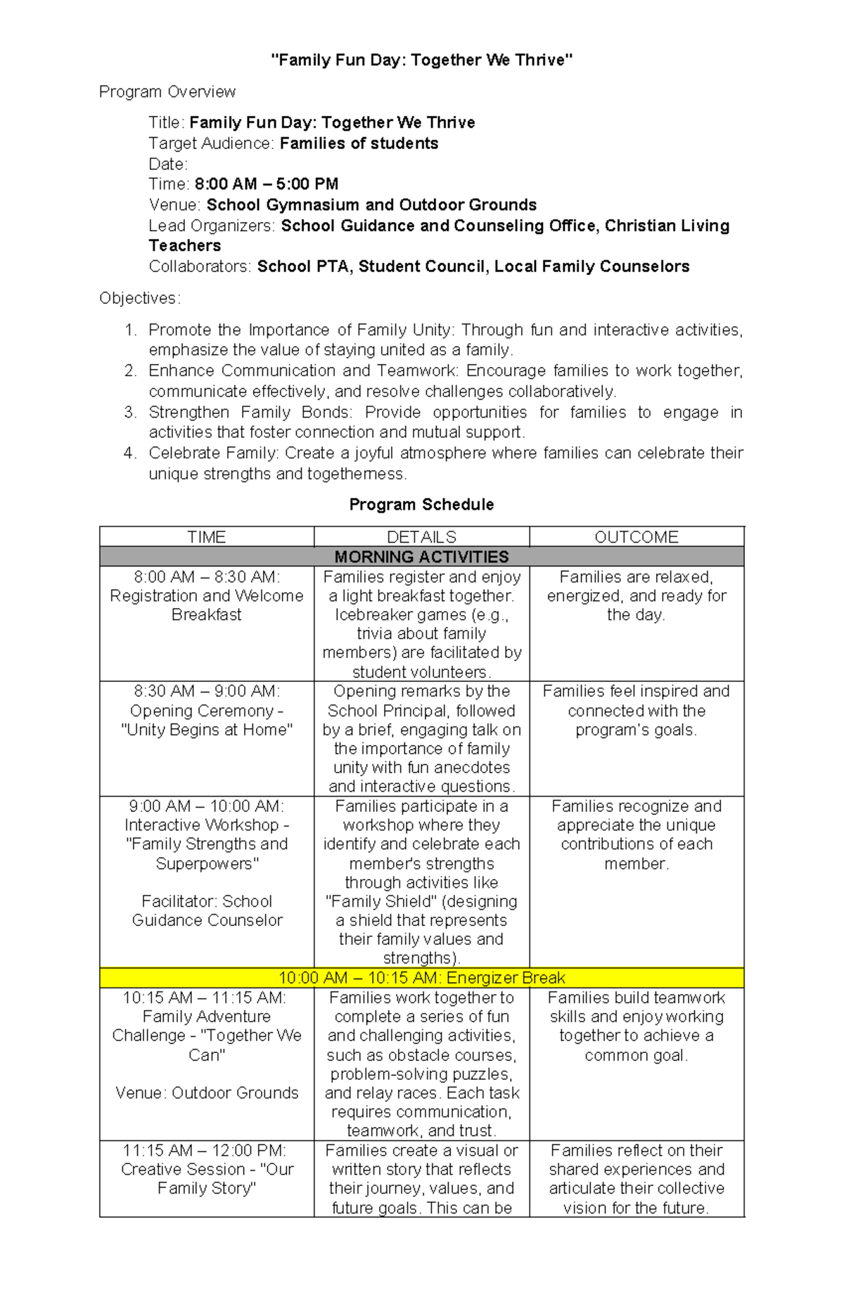 MARE-111: Family Fun Day Project Overview & Objectives - Studocu