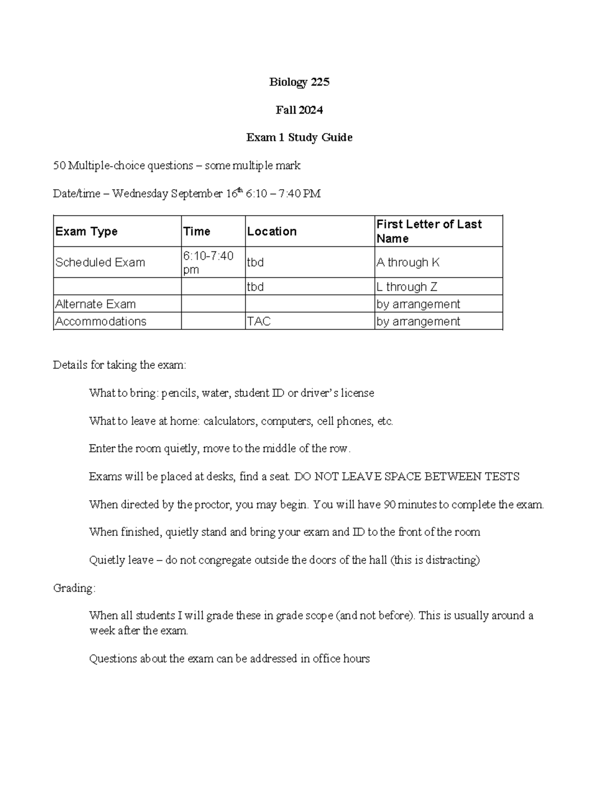 Biology 225 Fall 2024 Exam 1 Study Guide: Key Concepts & Questions ...
