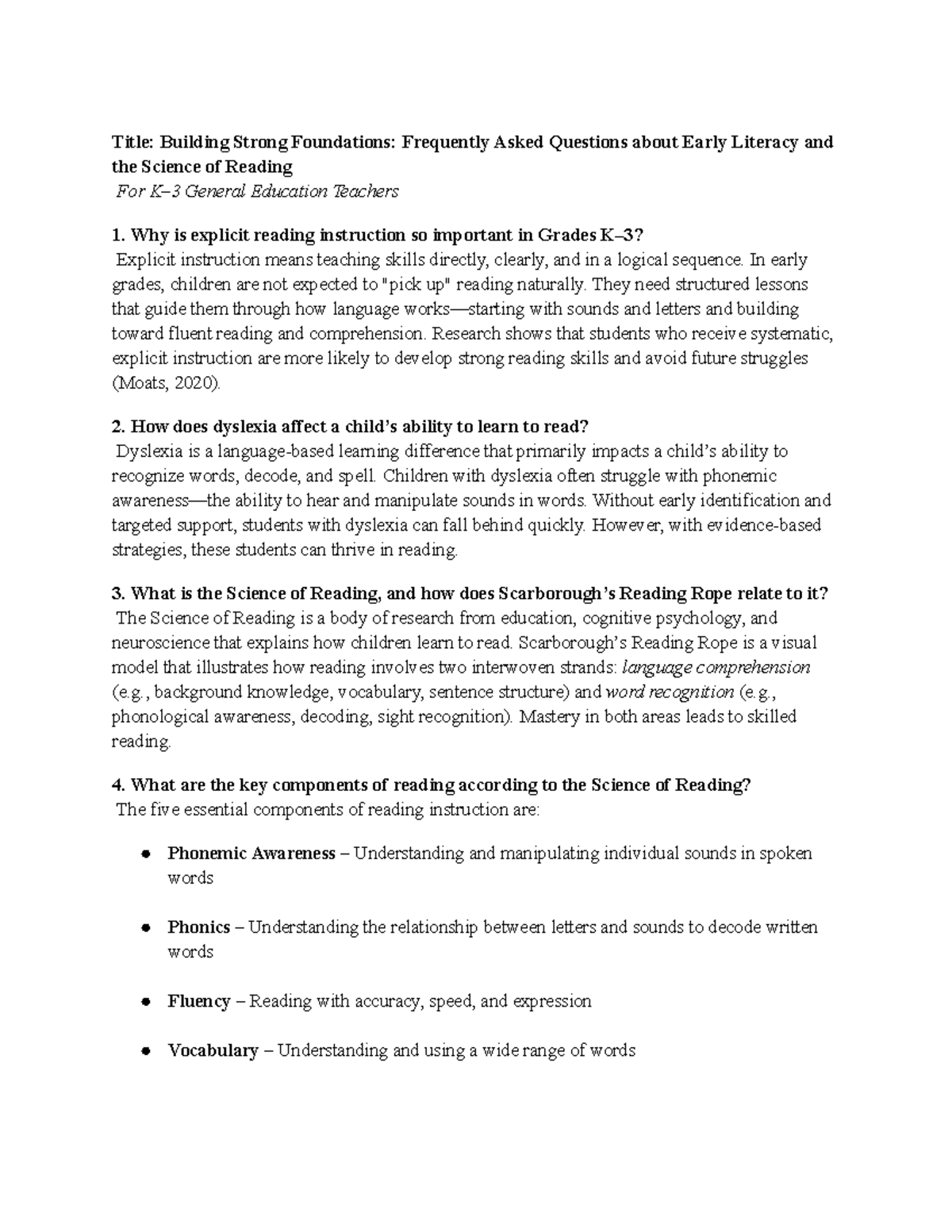 Building Strong Foundations: FAQs on Early Literacy for Gen Ed Teachers ...