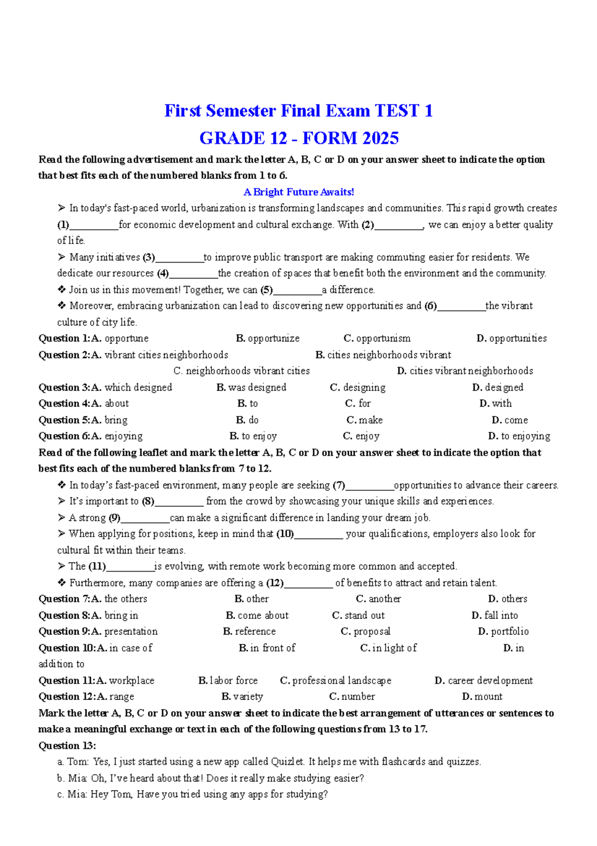 First Semester Final Exam TEST 1 - Grade 12 - 2025: Detailed Solutions ...