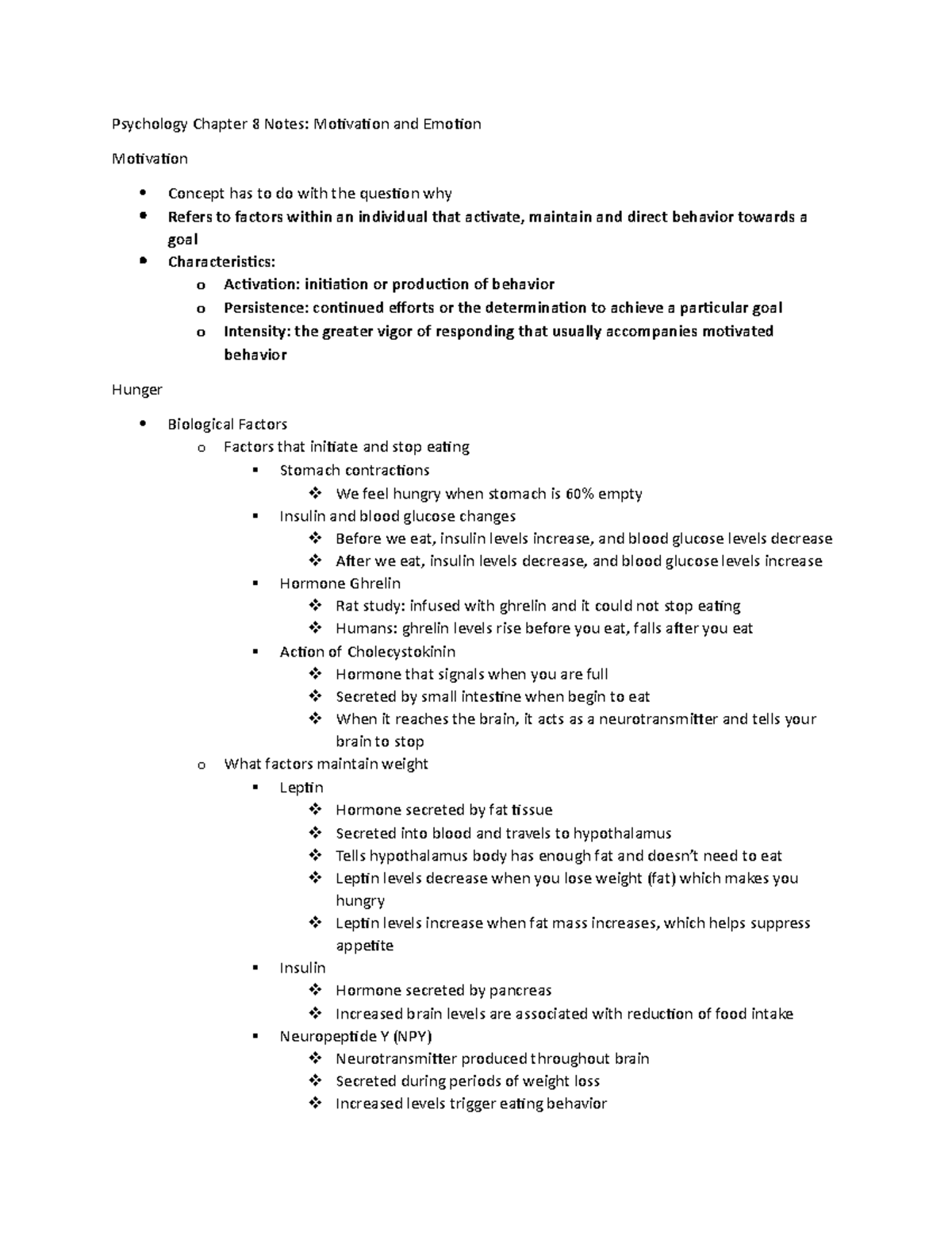 Psychology PSY 101 Chapter 8: Motivation and Emotion Notes - Studocu