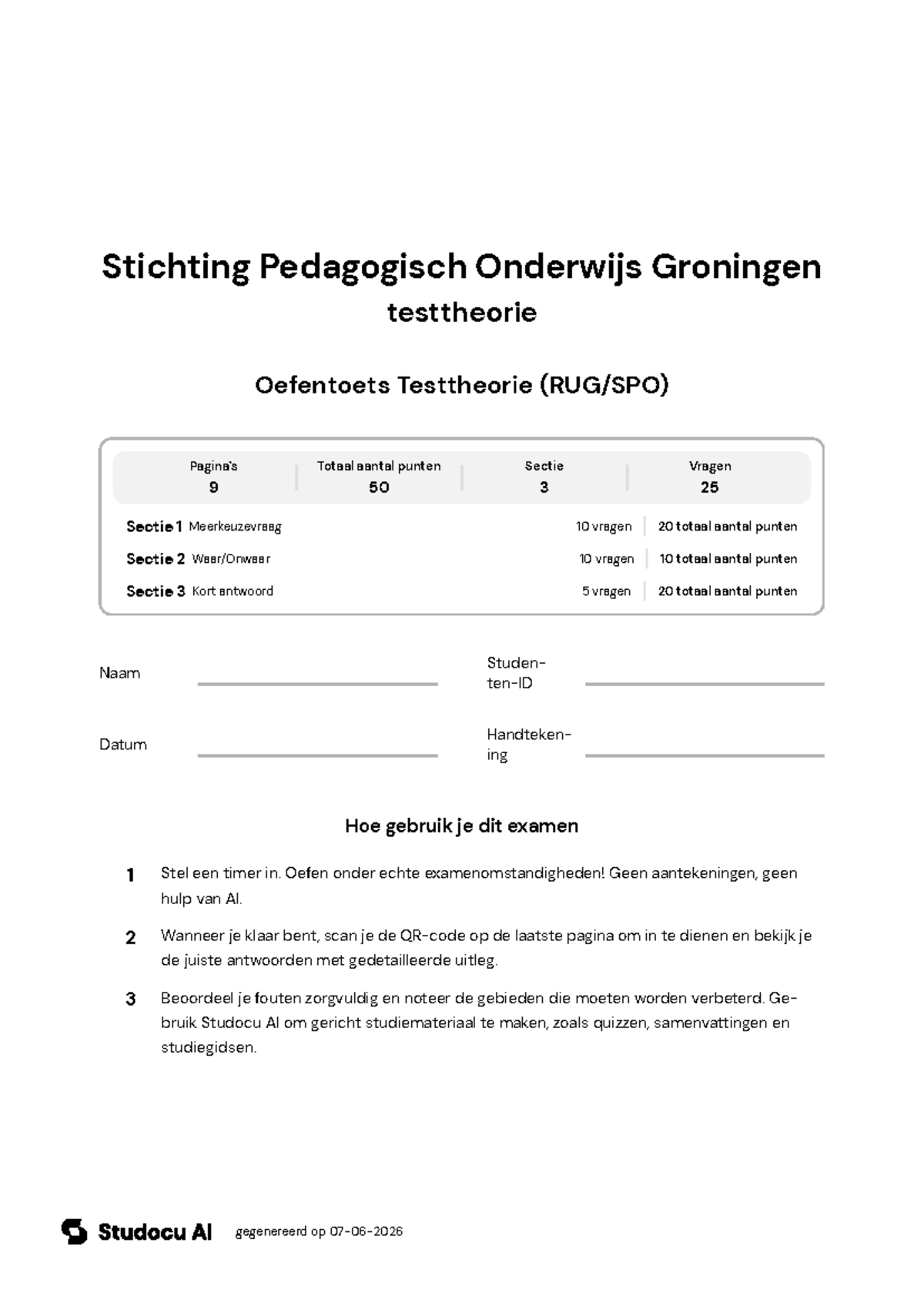 Oefentoets Testtheorie (RUG/SPO) - Studeersnel