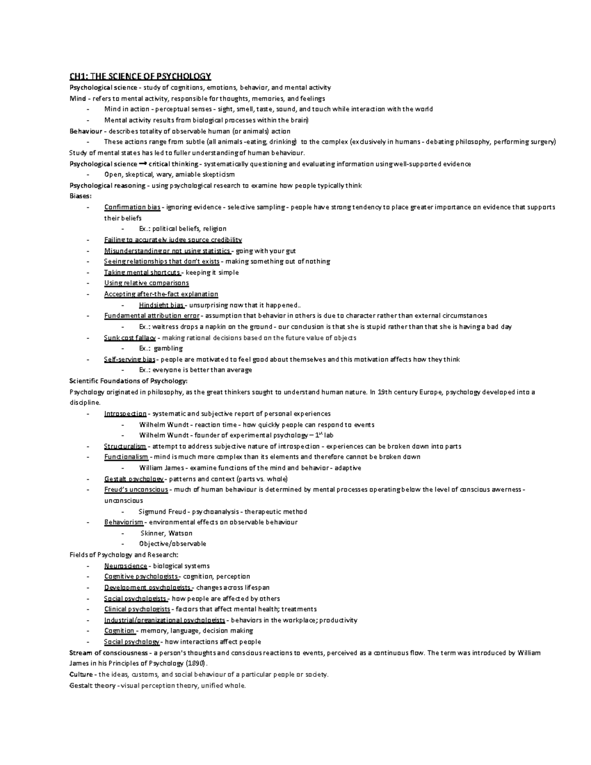 Psychology 101: CH1-3 Lecture Notes and Key Concepts - Studocu
