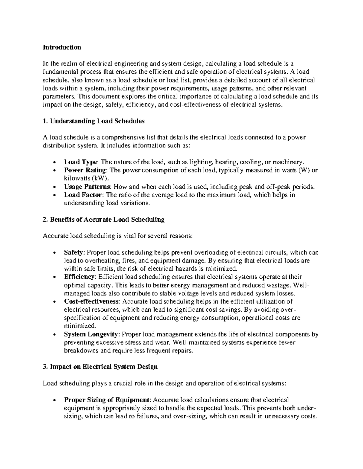 Load Schedule Calculation: Importance in Electrical Systems - Studocu