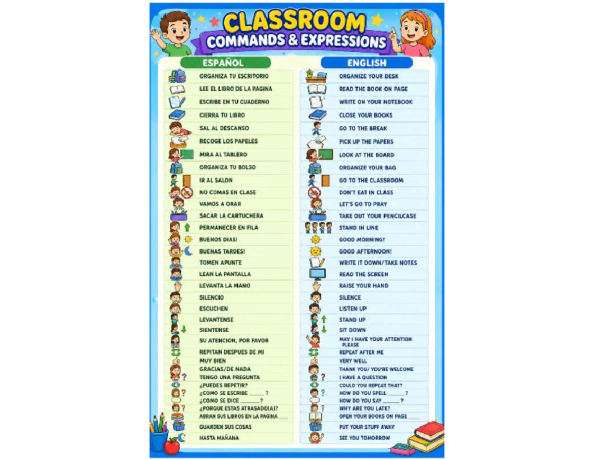 CLASSROOM COMMANDS & EXPRESSIONS: ESPAÑOL-INGLÉS TAREAS - Document Preview