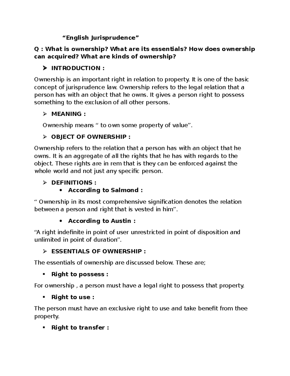 Ownership - LLB Notes on Essentials & Modes of Acquiring Rights - Studocu