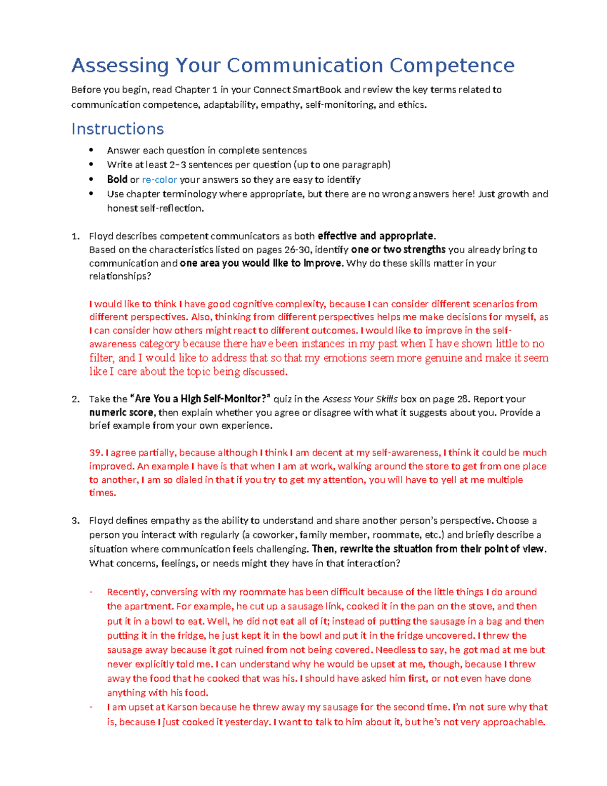 Comm Competence Reflection: Self-Assessment & Improvement (COMM101 ...