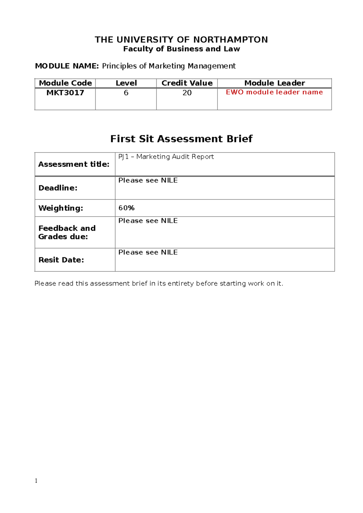 MKT3017-PJ1-EWO - sdfasf - THE UNIVERSITY OF NORTHAMPTON Faculty of ...