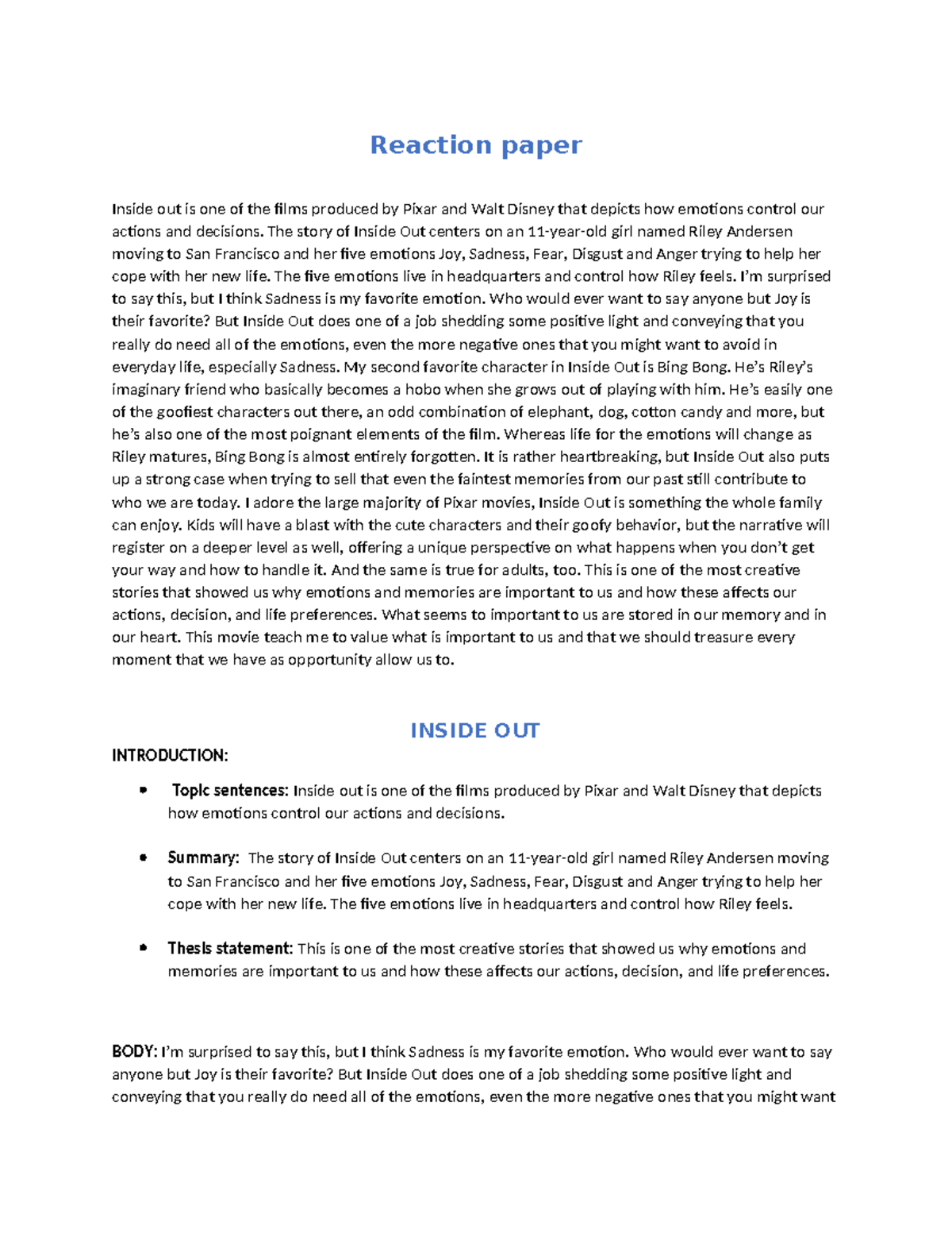 Reaction Paper: An Analysis of Pixar's 