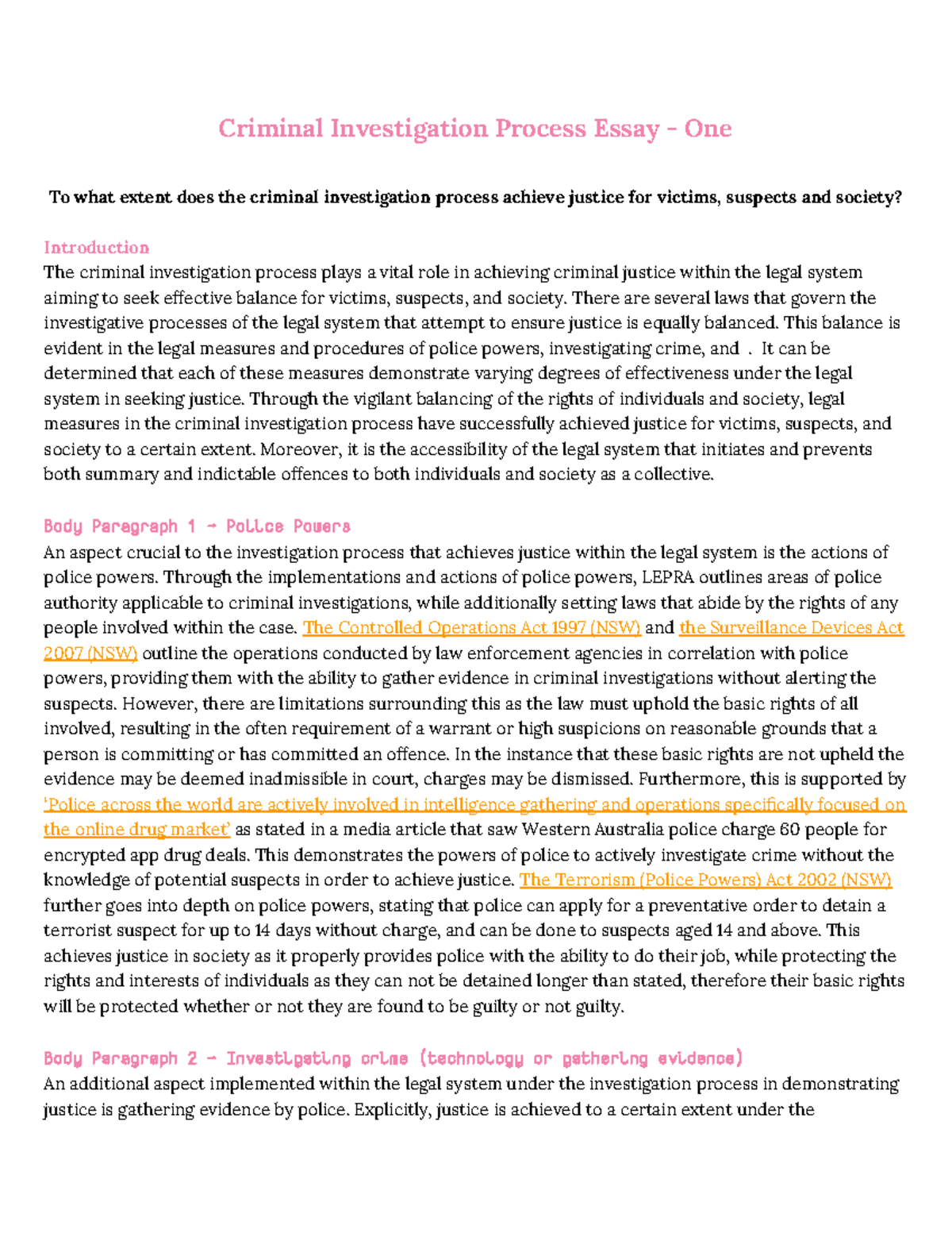 Criminal Investigation Process Essay: Achieving Justice for All - Studocu