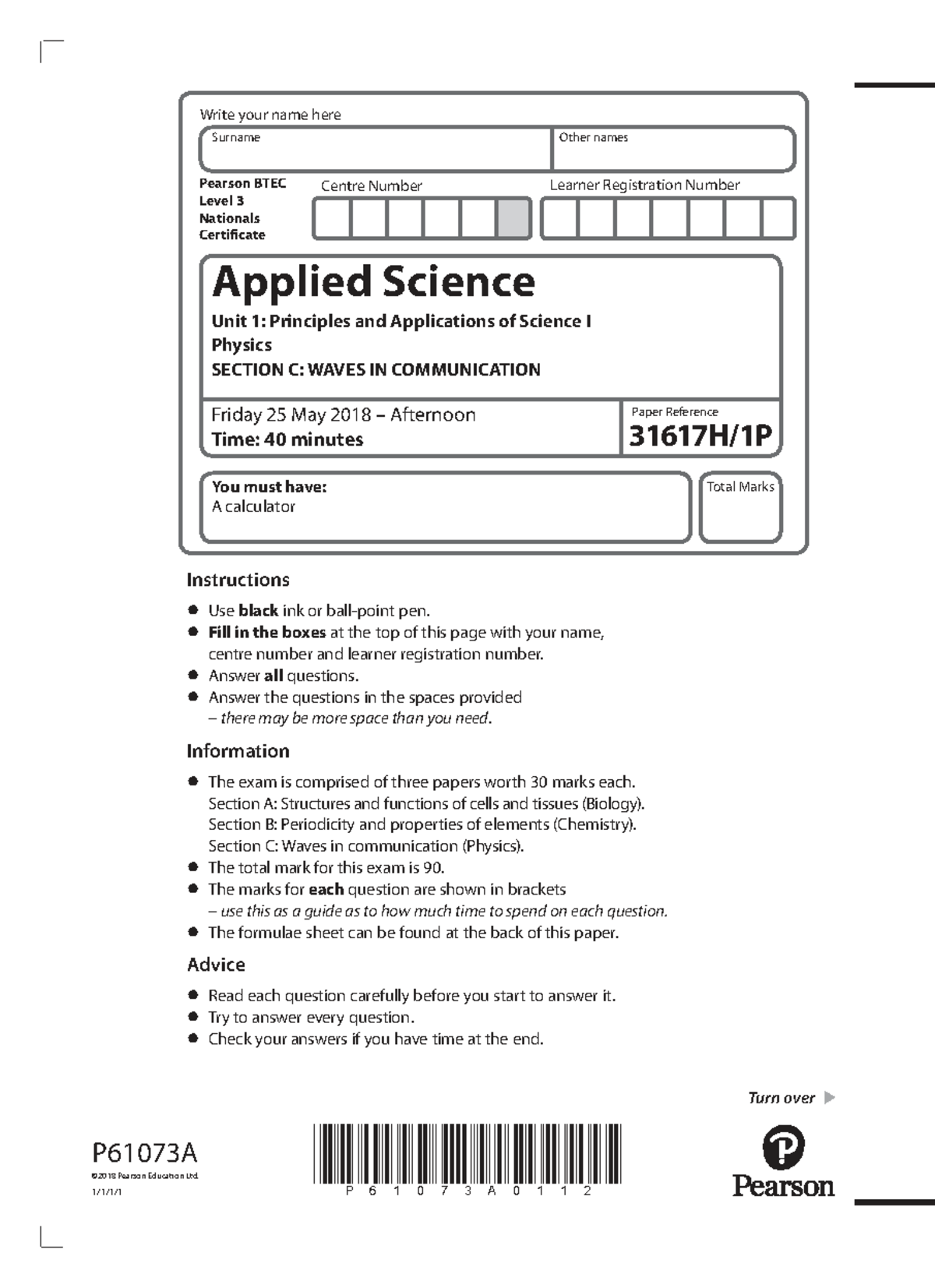 BTEC Level 3 Nationals Unit 1 Physics Exam Paper - May 2018 - Studocu