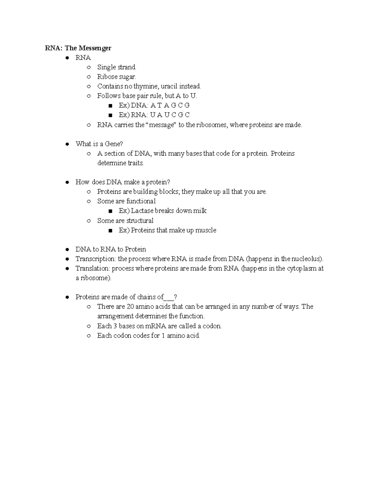 Biology 101: RNA and Protein Synthesis Review Notes - RNA: The ...