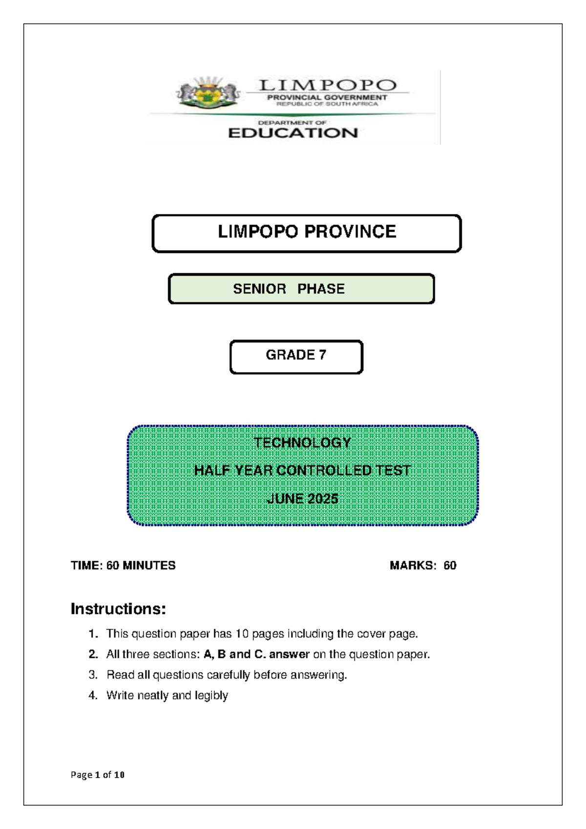 Grade 7 Technology Half Year Controlled Test QP-4 June 2025 - Studocu