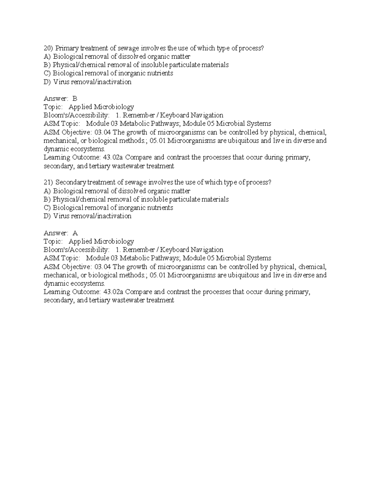 Applied Microbiology: Wastewater Treatment Processes (Test Bank) - Studocu