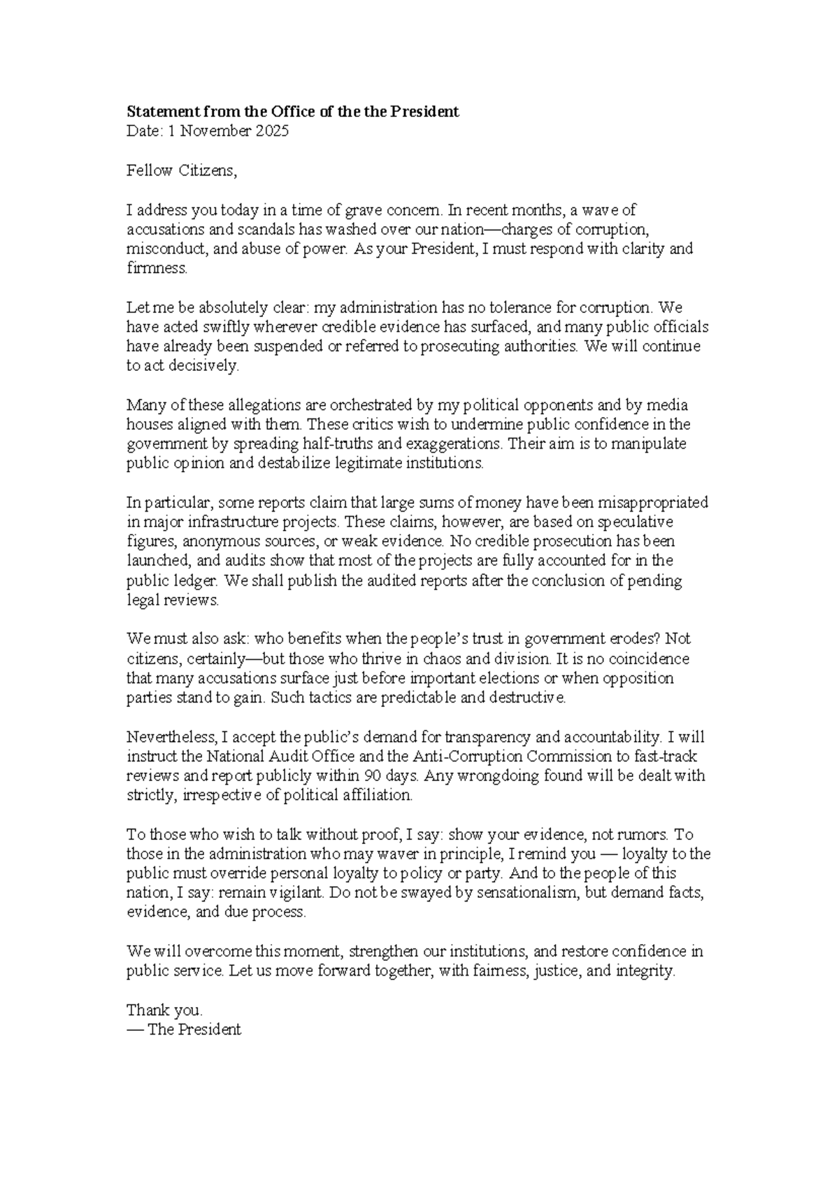 CLW Grade 10 - President's Statement on Corruption Allegations - Studocu