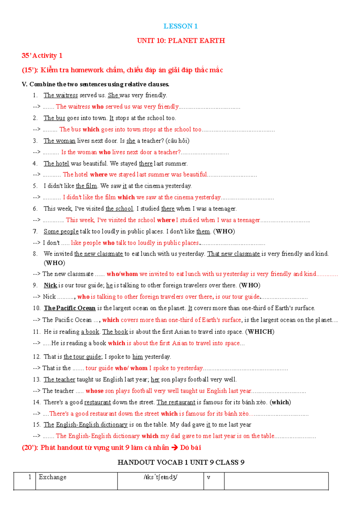 UNIT 10: PLANET EARTH - CLASS 9 LESSON 1 ACTIVITY & HOMEWORK - Studocu
