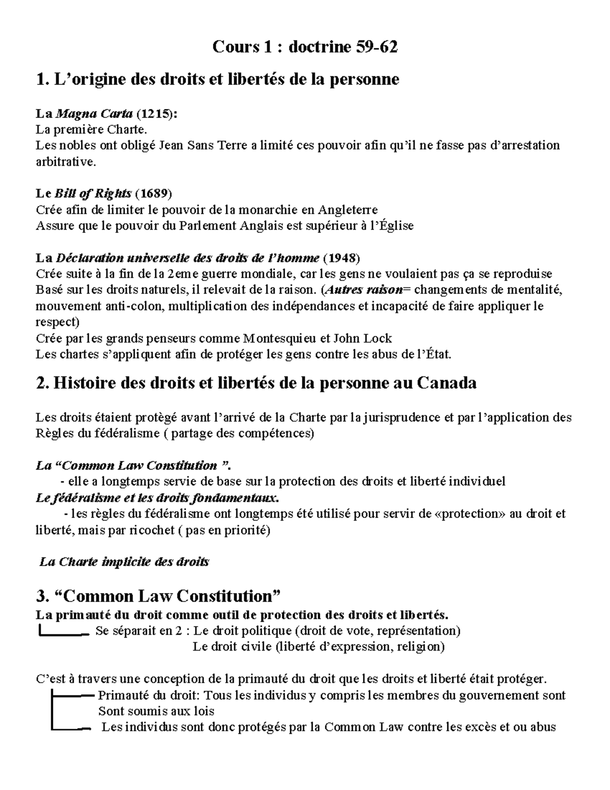 Cours 1 : Histoire et Évolution des Droits et Libertés au Canada - Studocu