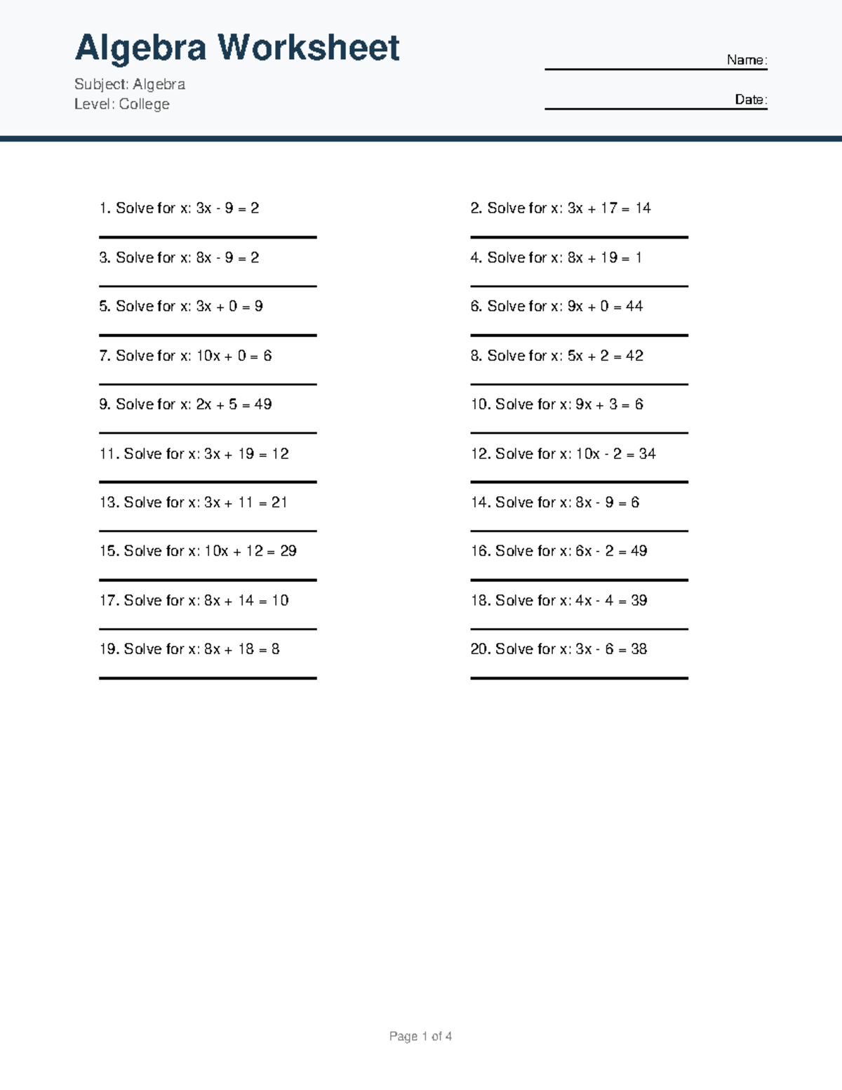 Algebra Worksheet 5 - College Level Problem Set - Studocu