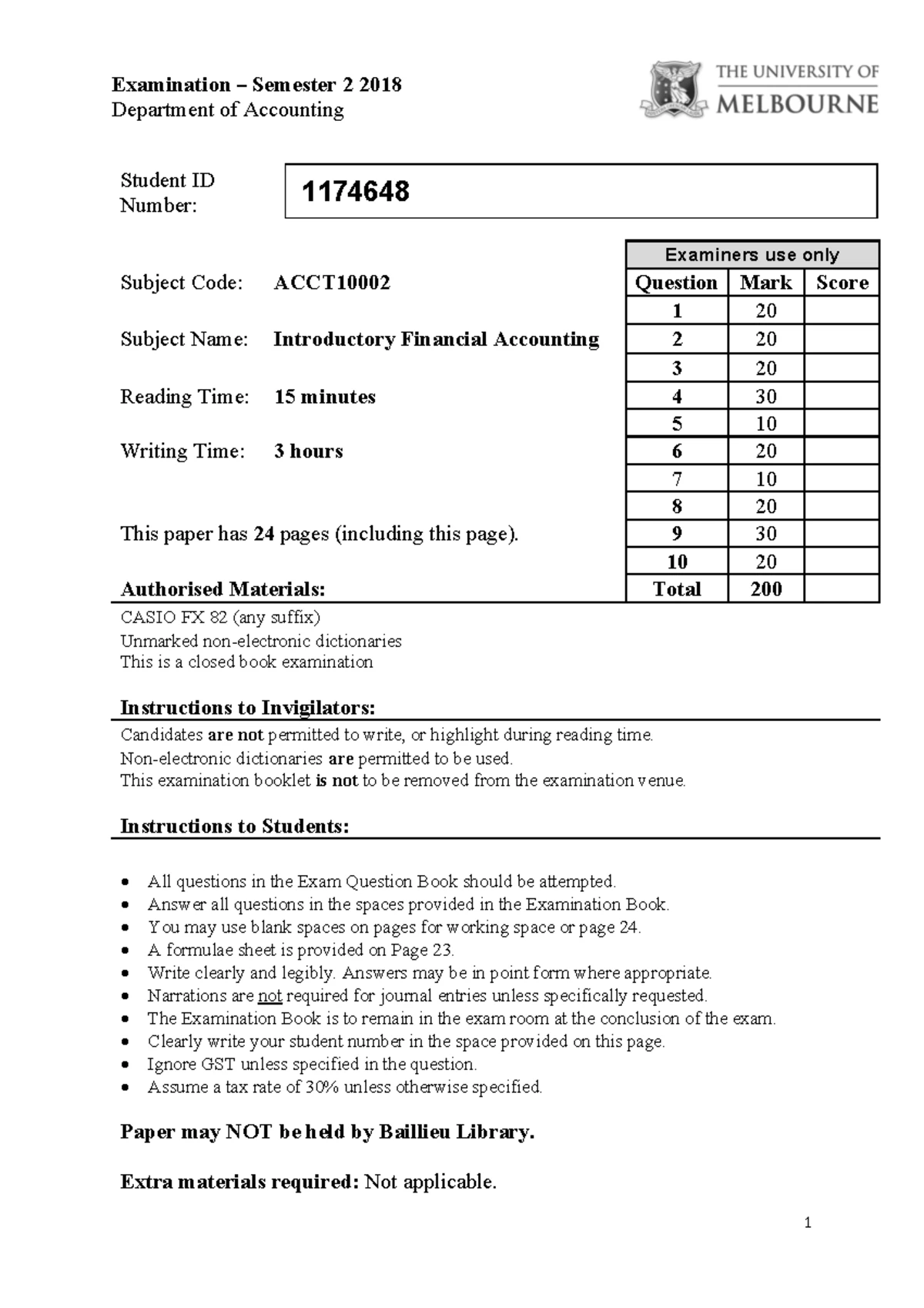 Introductory financial accounting Exam + Answers Semester 2 2018 ...