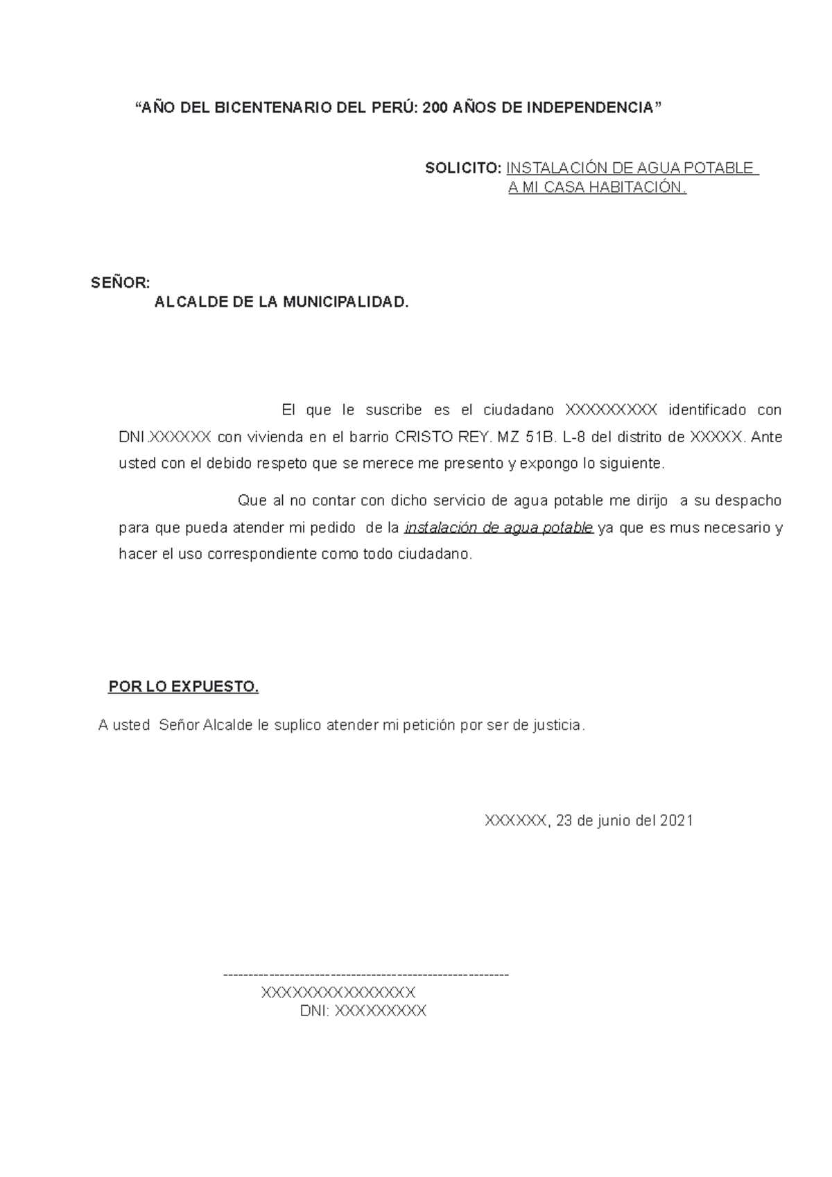 Modelo de Solicitud para Instalación de Agua Potable a Domicilio - Document Preview