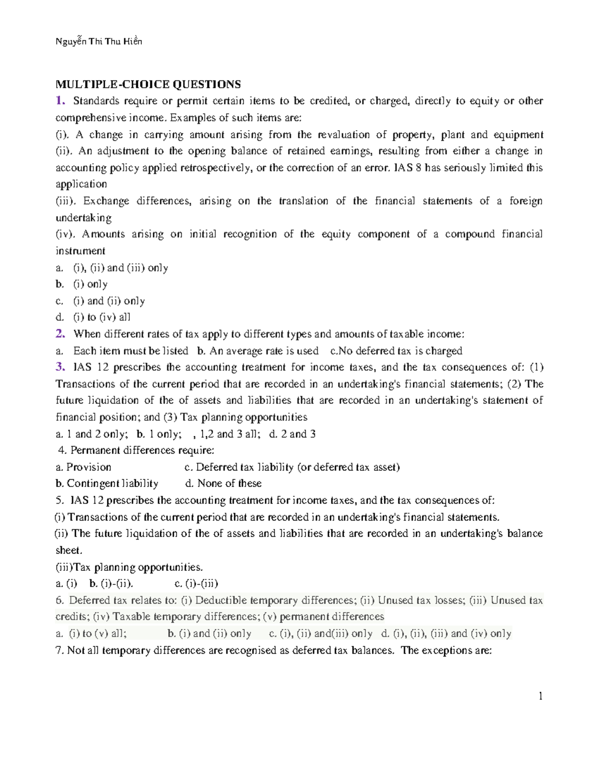 IAS 12- MQ- 2019-Hien - aaaaaaa - MULTIPLE-CHOICE QUESTIONS 1 ...